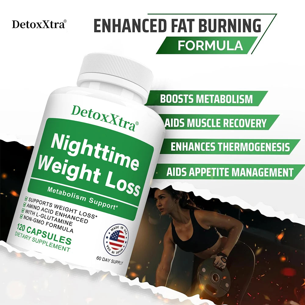 Nighttime Fat Burner Capsules, Muscle Recovery, Appetite Suppressant, Metabolism Booster, Relaxation & Restful Sleep Support