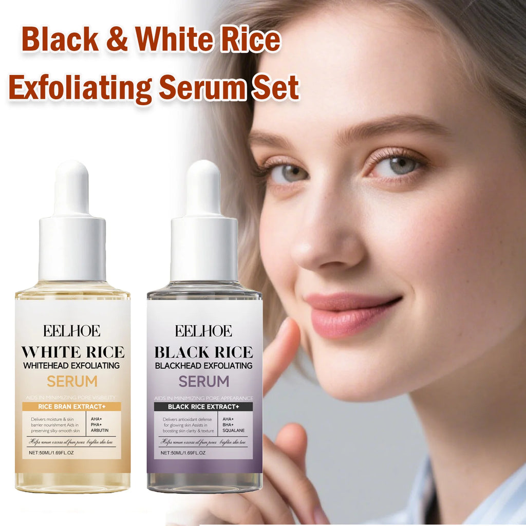 Black & White Rice Exfoliating Serum Set BHA Niacinamide Pore Minimizing & Brightening Blackhead Whitehead Remover Skincare Set